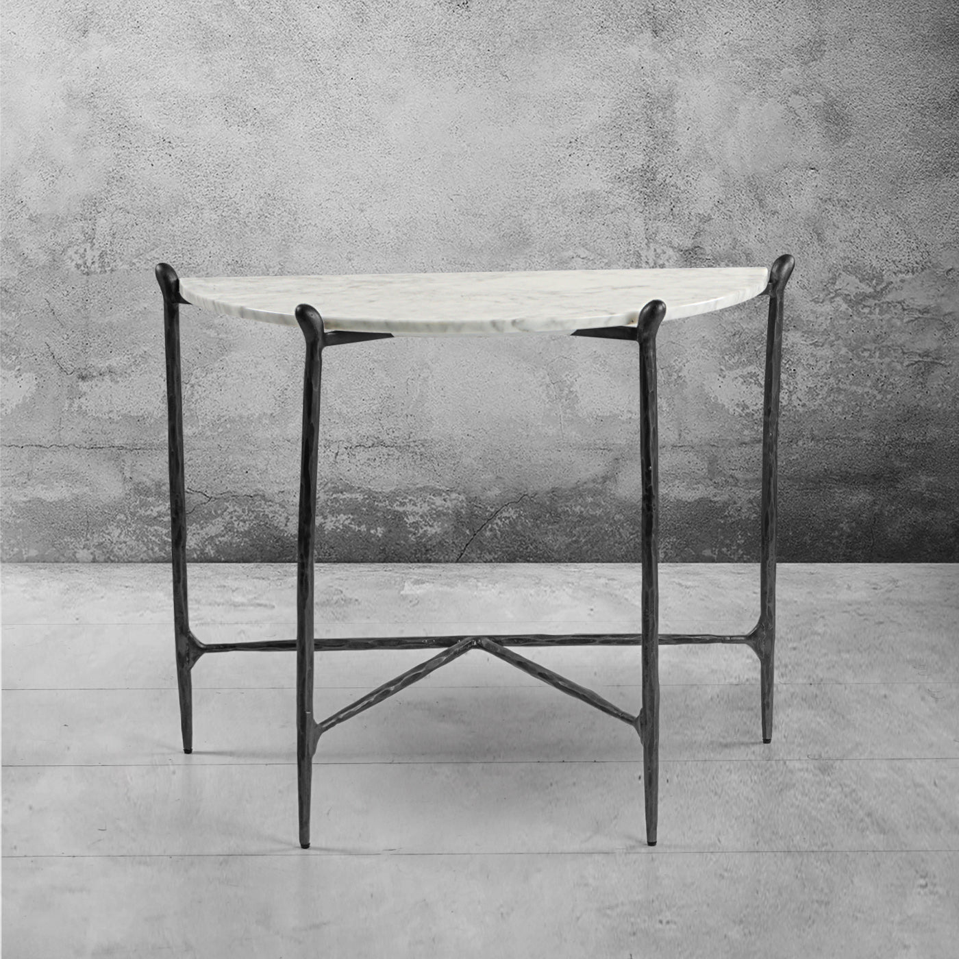 Hand-Forged Metal Horn Semi-Circle Marble Console Table
