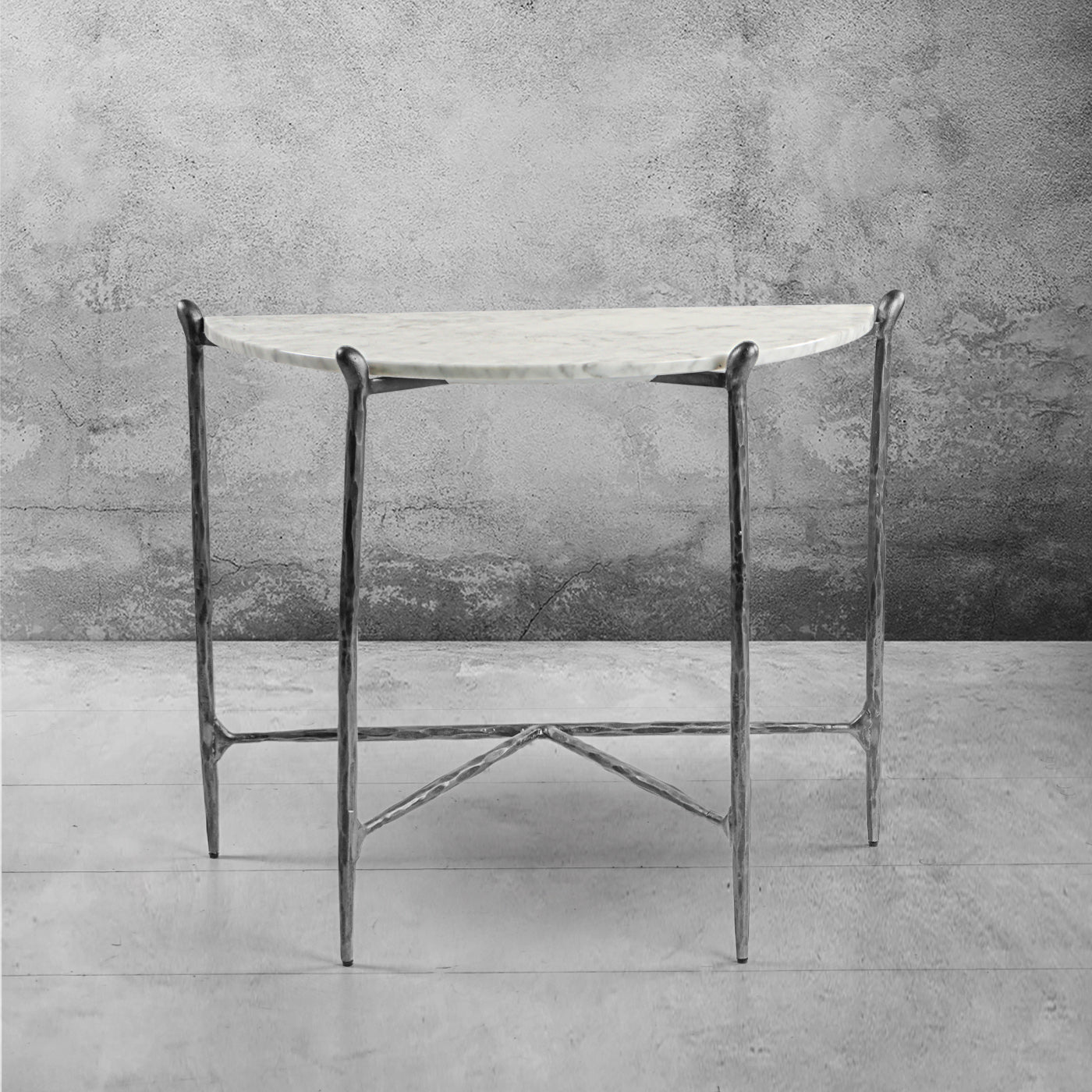 Hand-Forged Metal Horn Semi-Circle Marble Console Table