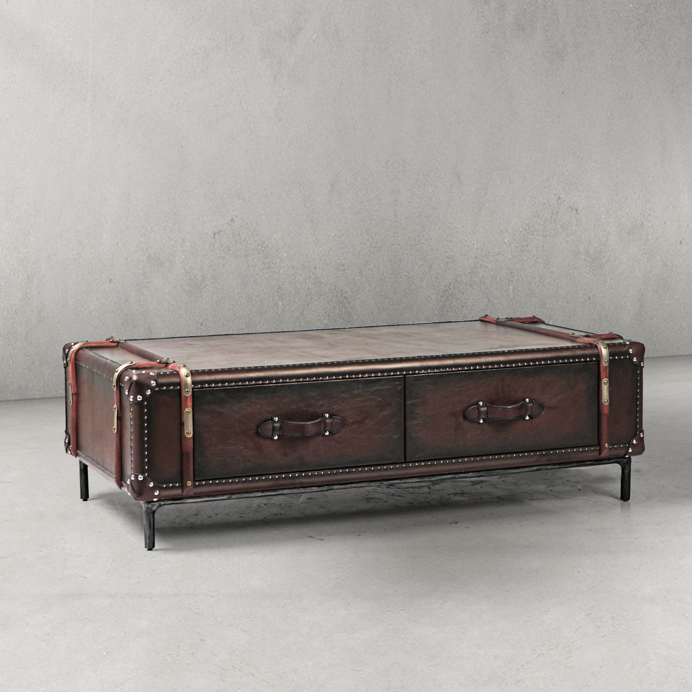 Hand-Forged Metal Vintage Cowhide Rattan Coffee Table