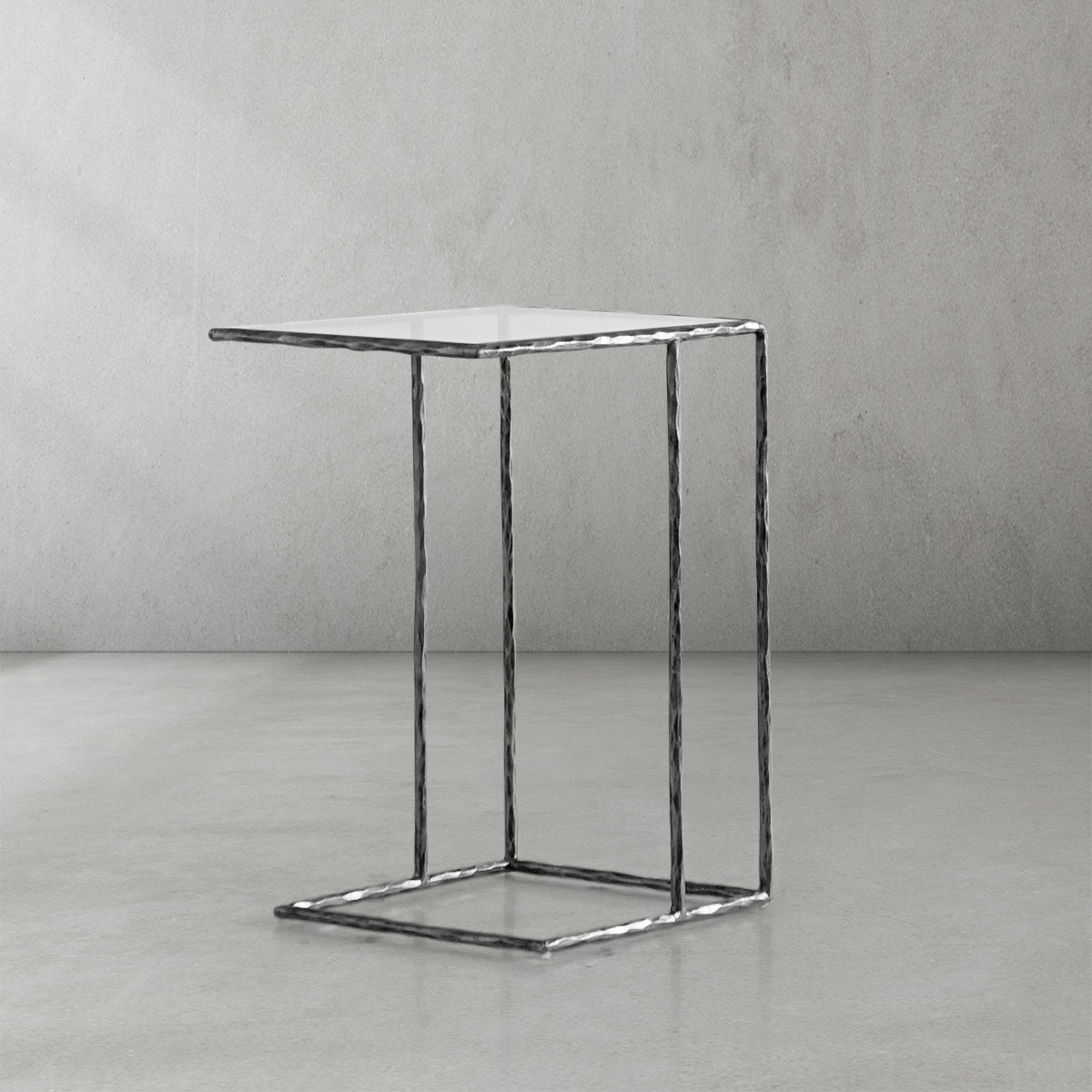 Hand-Forged Metal Glass C-Shaped Side Table