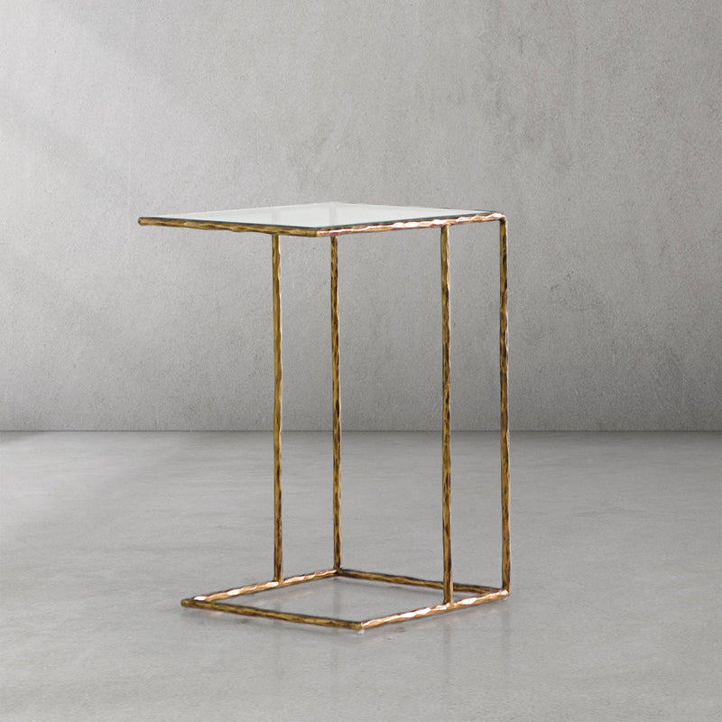 Hand-Forged Metal Glass C-Shaped Side Table
