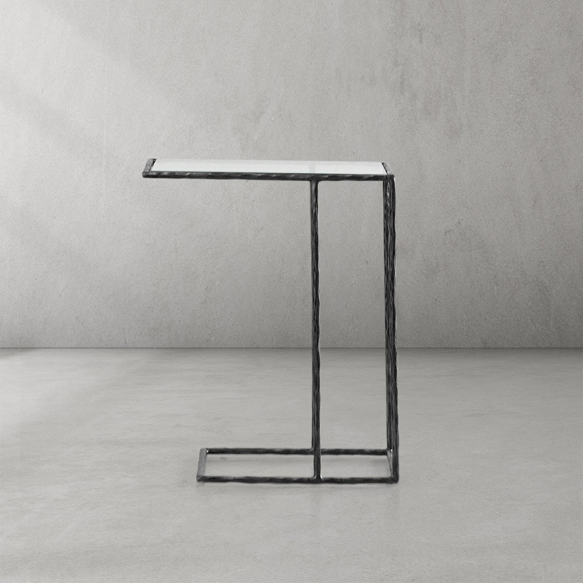 Hand-Forged Metal Glass C-Shaped Side Table