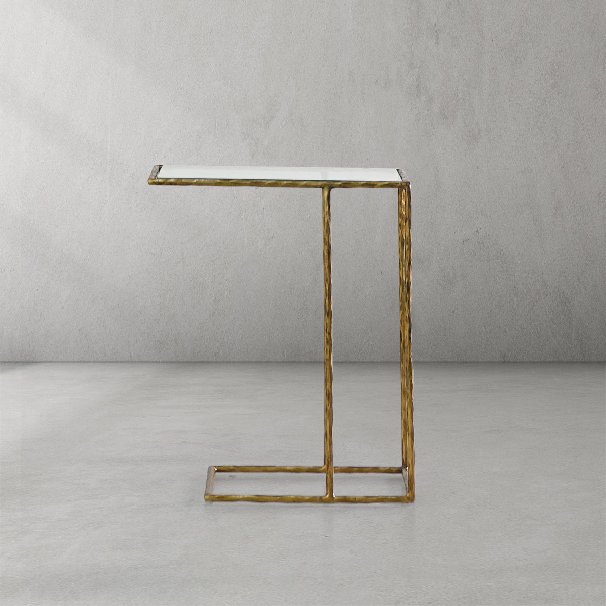 Hand-Forged Metal Glass C-Shaped Side Table