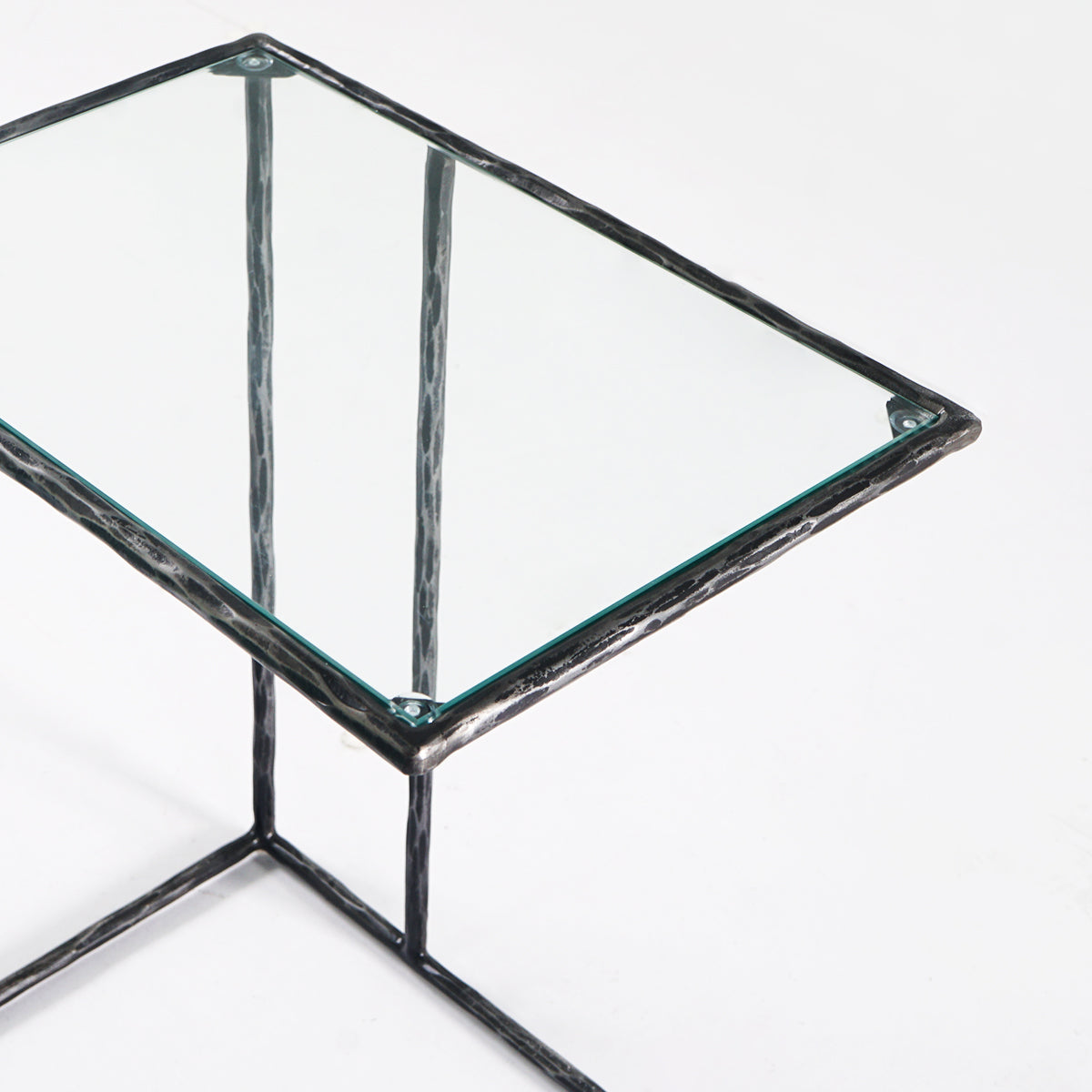 Hand-Forged Metal Glass C-Shaped Side Table