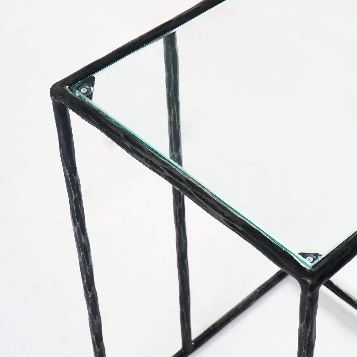 Hand-Forged Metal Glass C-Shaped Side Table