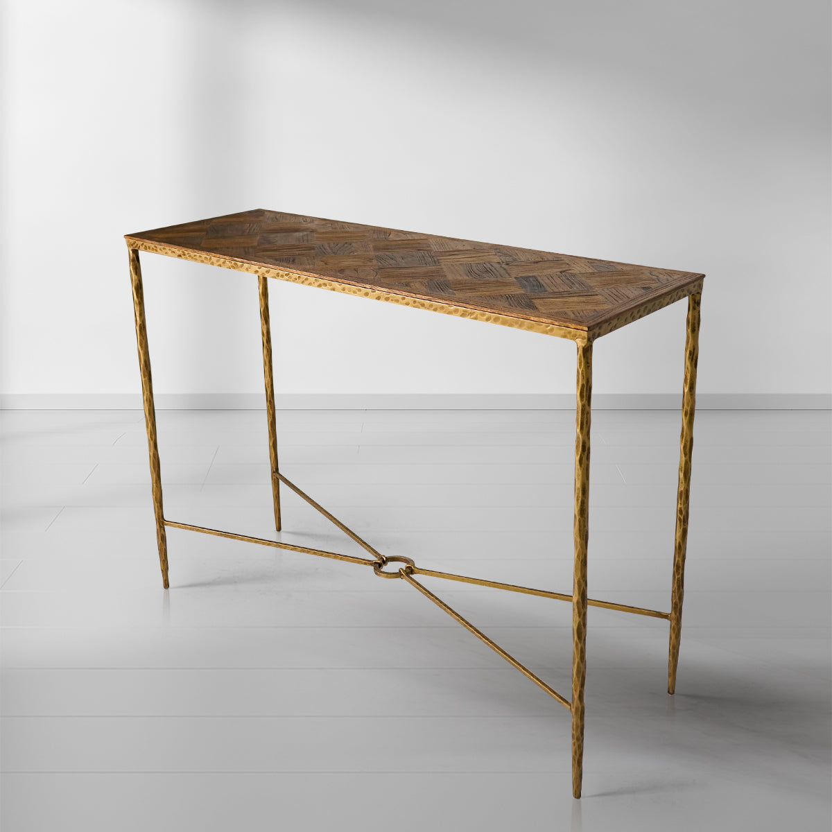 Hand-Forged Metal Frame Elm Wood Console Table