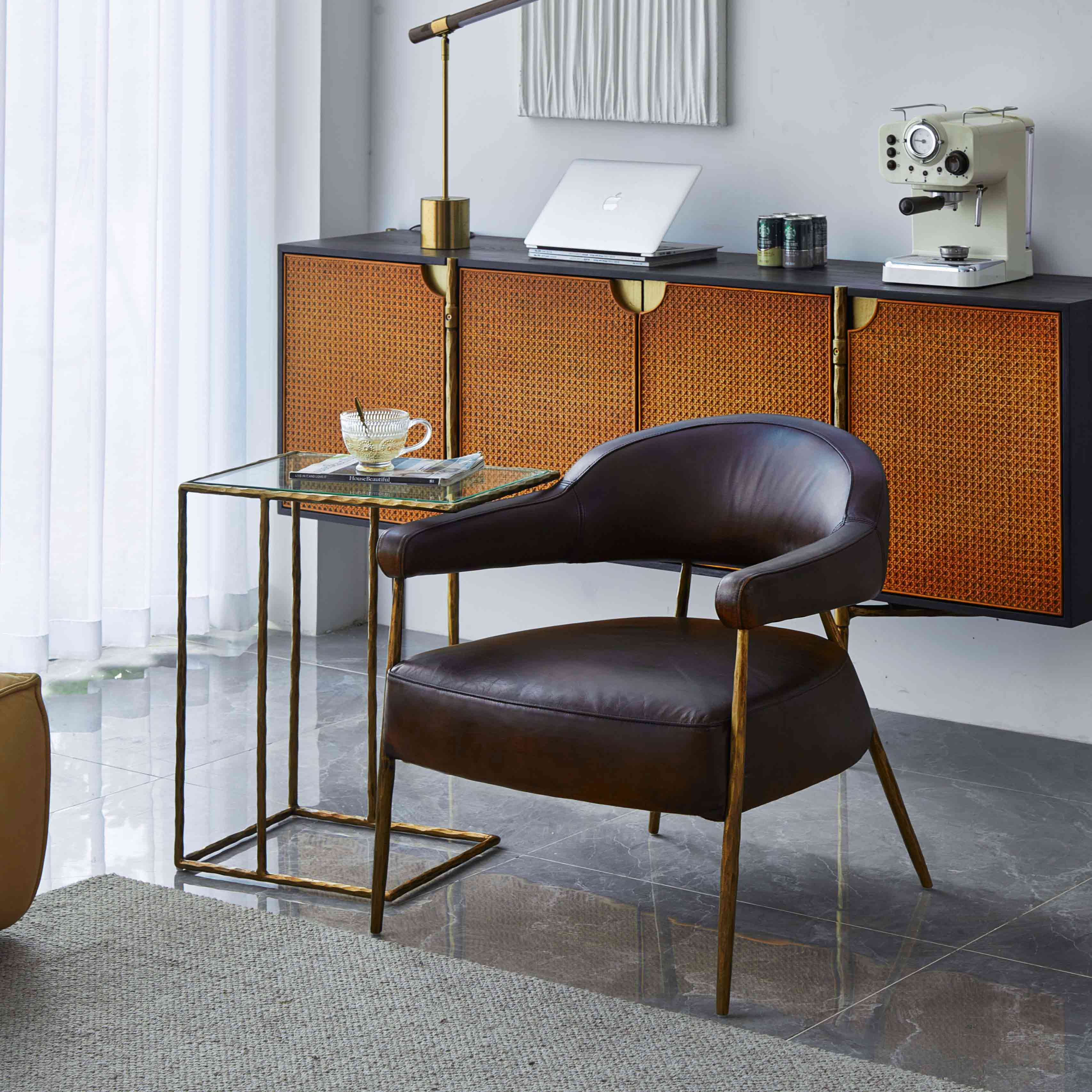 Hand-Forged Metal Glass C-Shaped Side Table