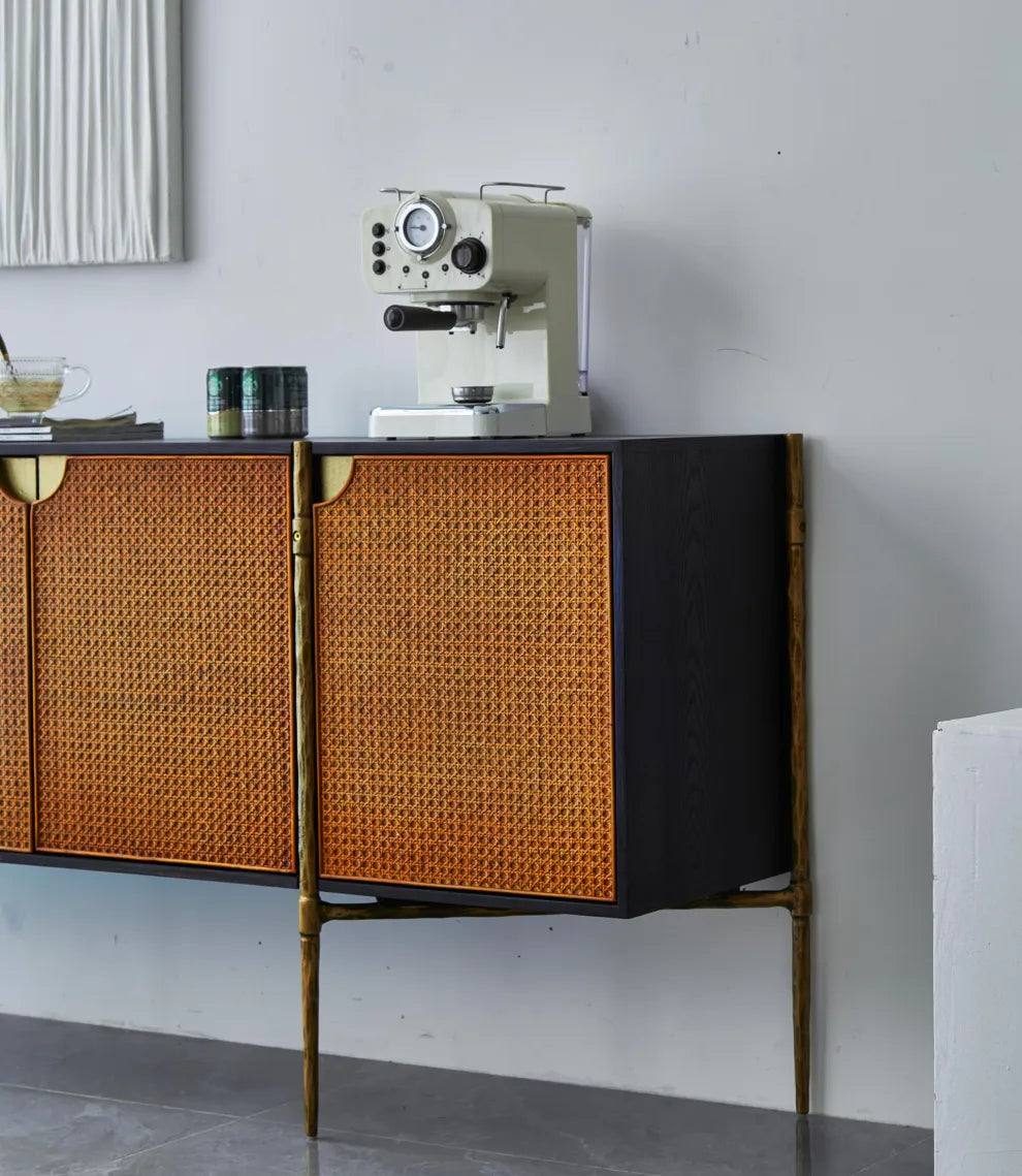 Hand-Forged Metal Frame Rattan Long Side Cabinet