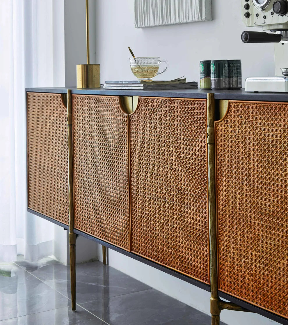 Hand-Forged Metal Frame Rattan Long Side Cabinet