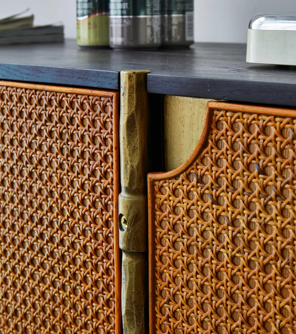 Hand-Forged Metal Frame Rattan Long Side Cabinet