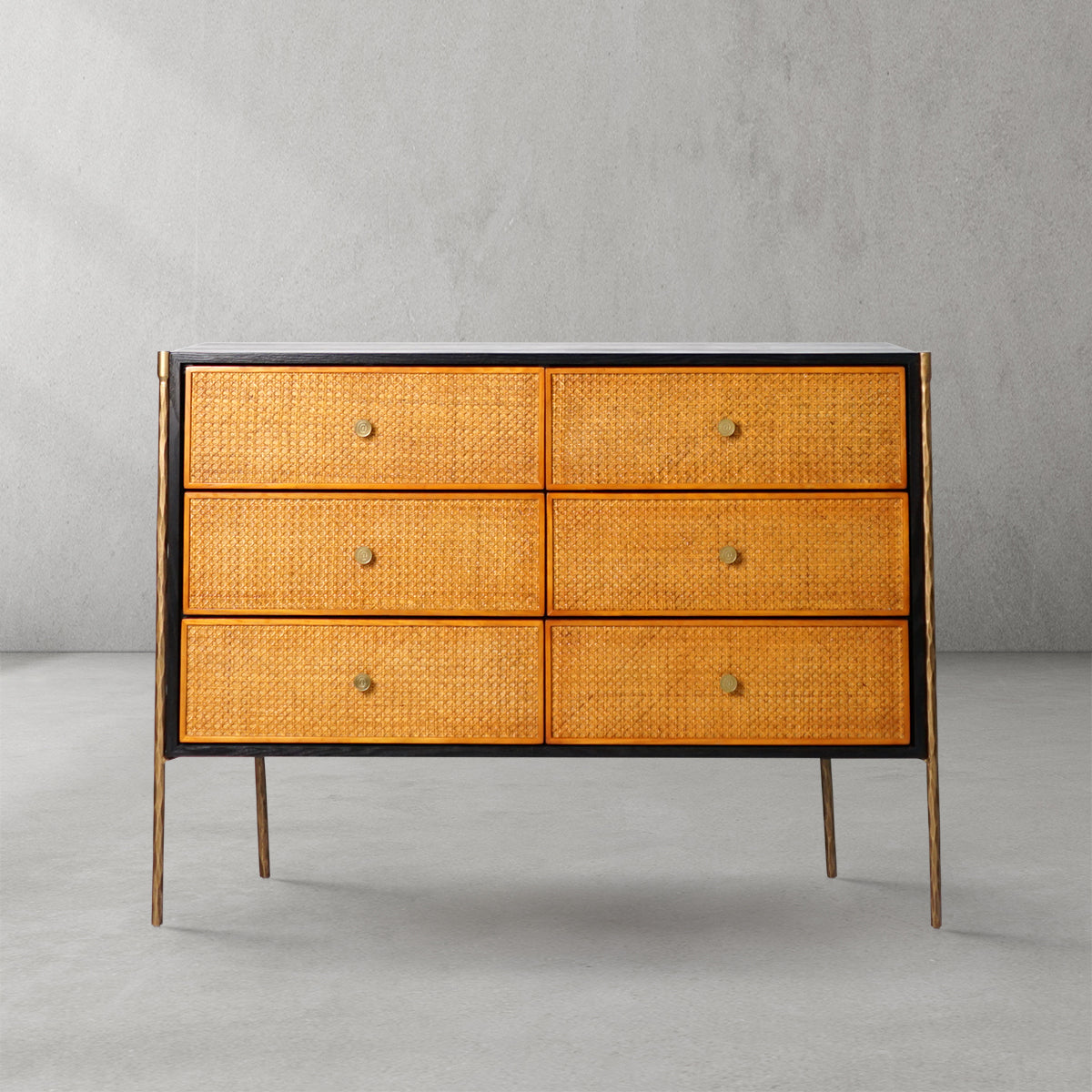 Hand-Forged Metal Frame Rattan 6-Drawer Side Cabinet