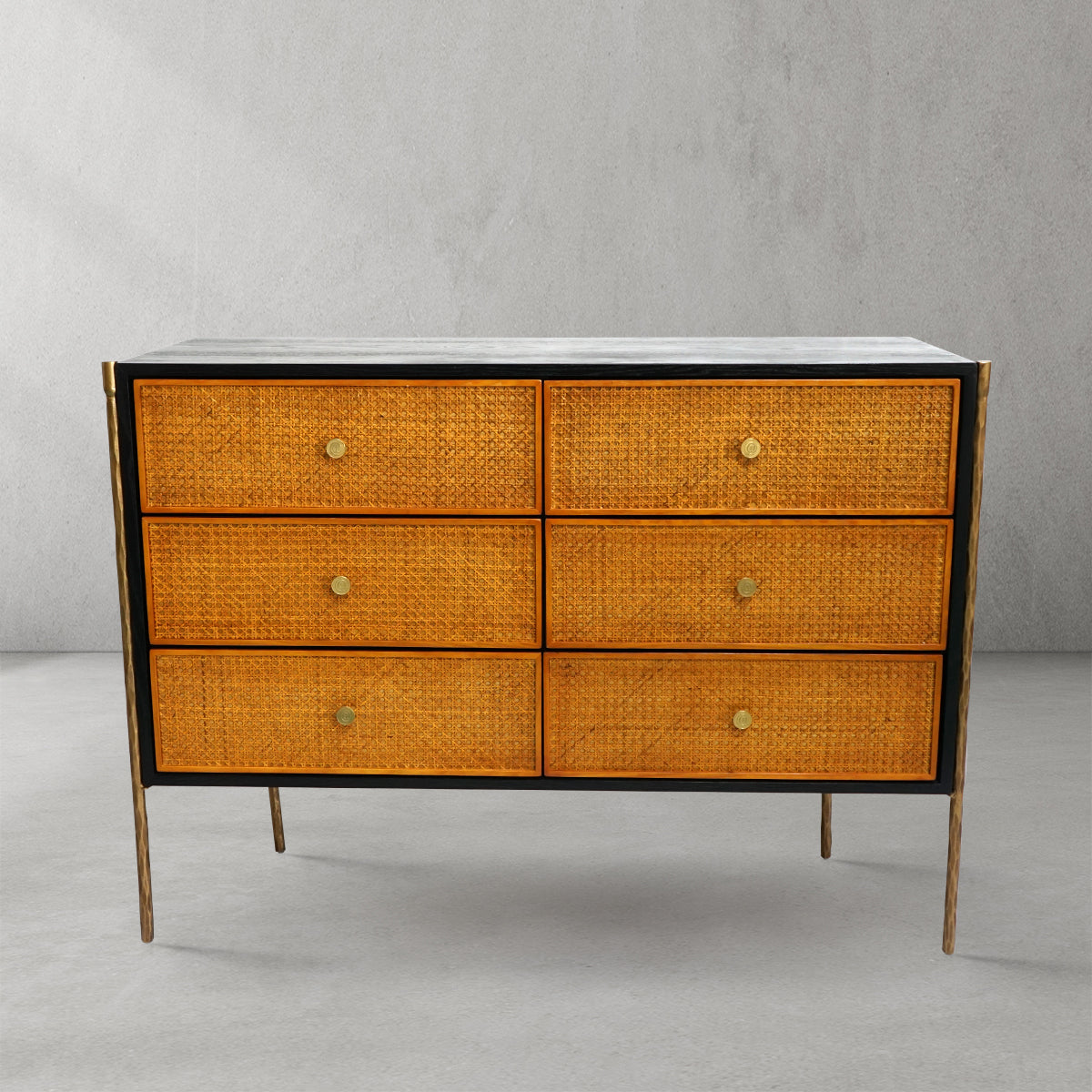 Hand-Forged Metal Frame Rattan 6-Drawer Side Cabinet