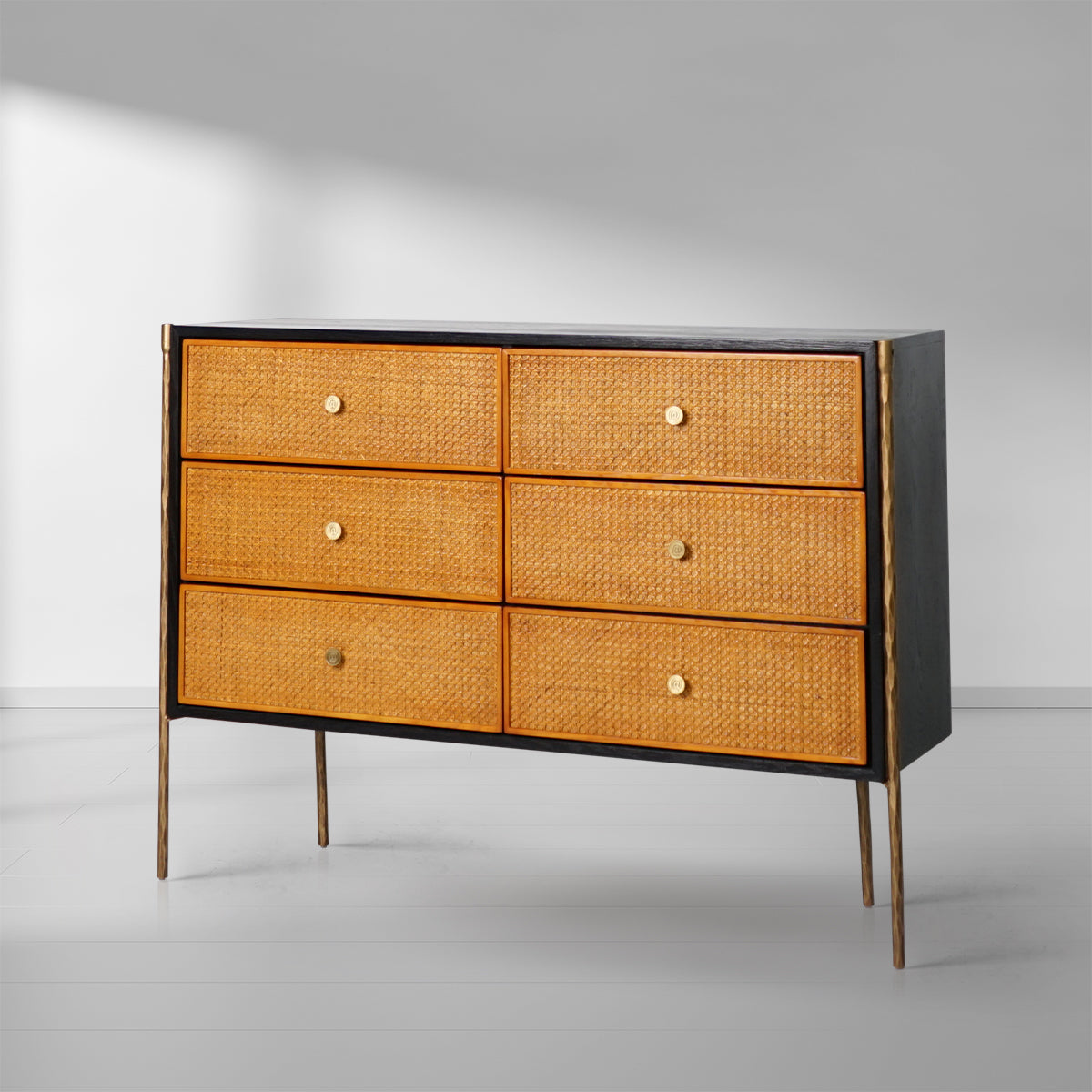 Hand-Forged Metal Frame Rattan 6-Drawer Side Cabinet