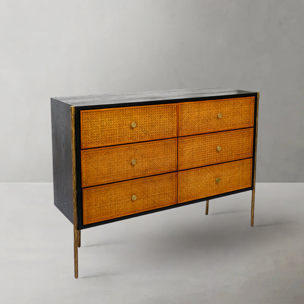 Hand-Forged Metal Frame Rattan 6-Drawer Side Cabinet