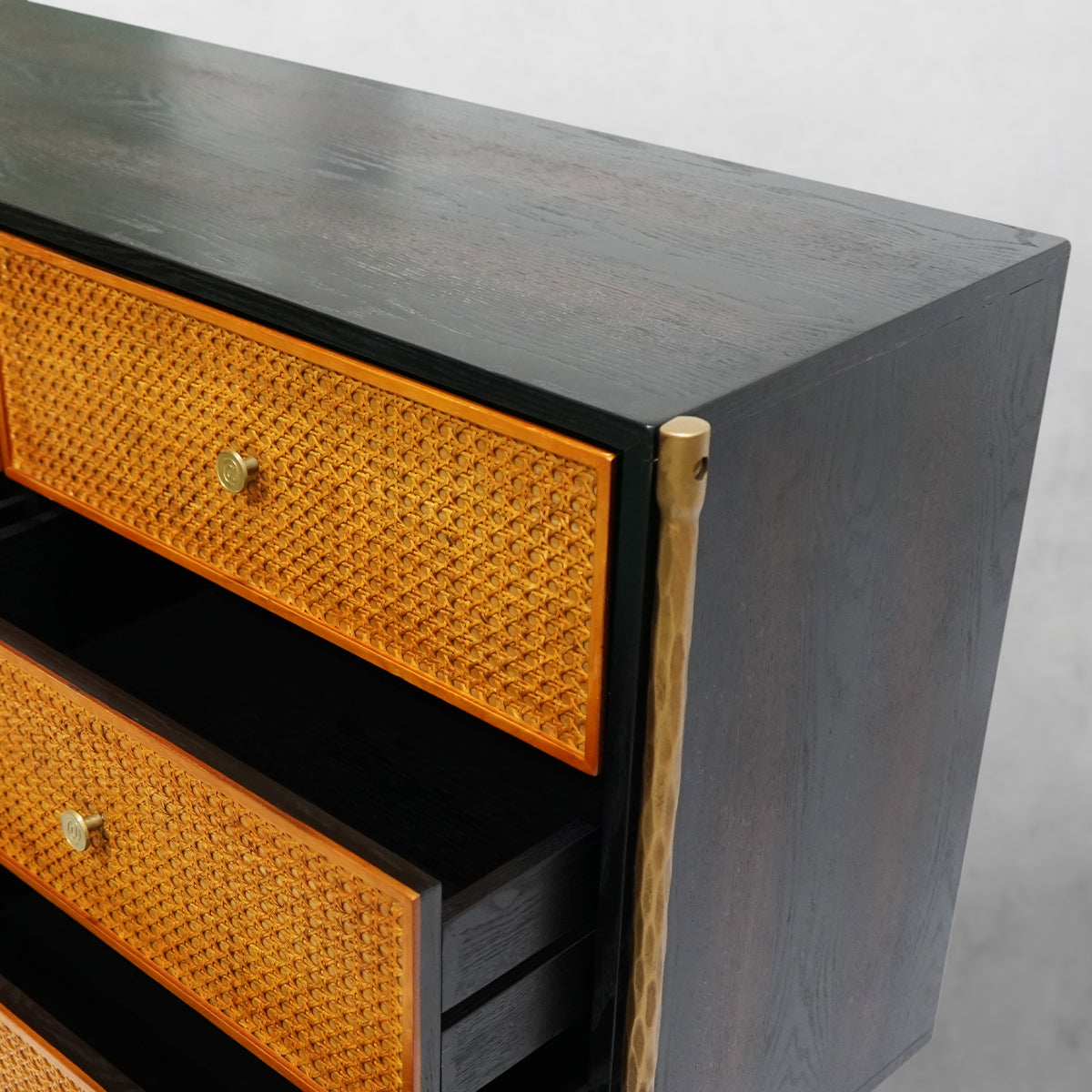 Hand-Forged Metal Frame Rattan 6-Drawer Side Cabinet