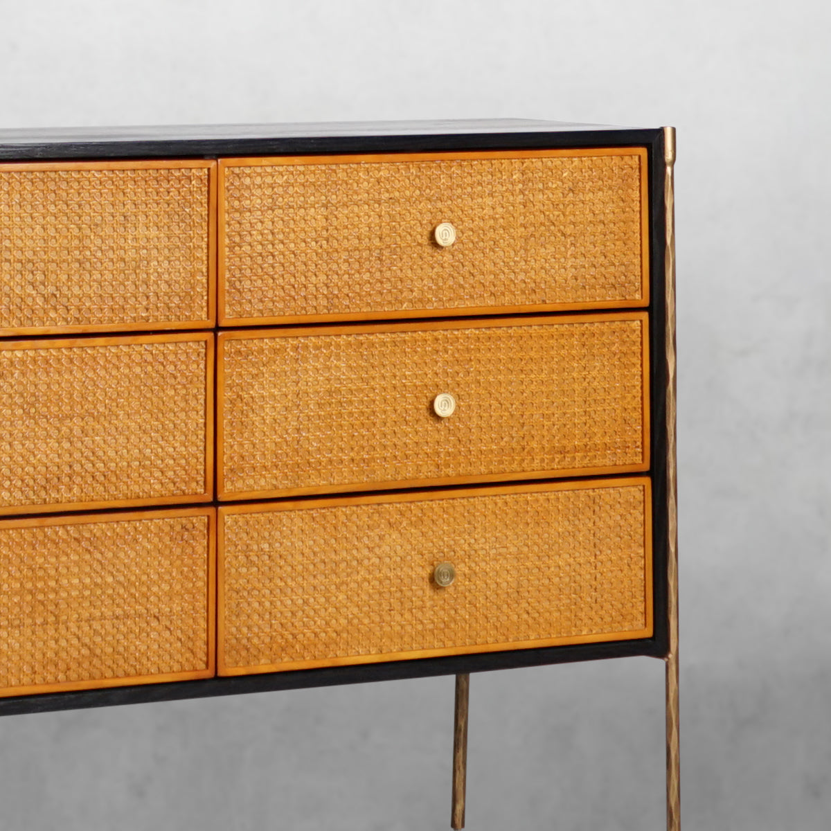 Hand-Forged Metal Frame Rattan 6-Drawer Side Cabinet