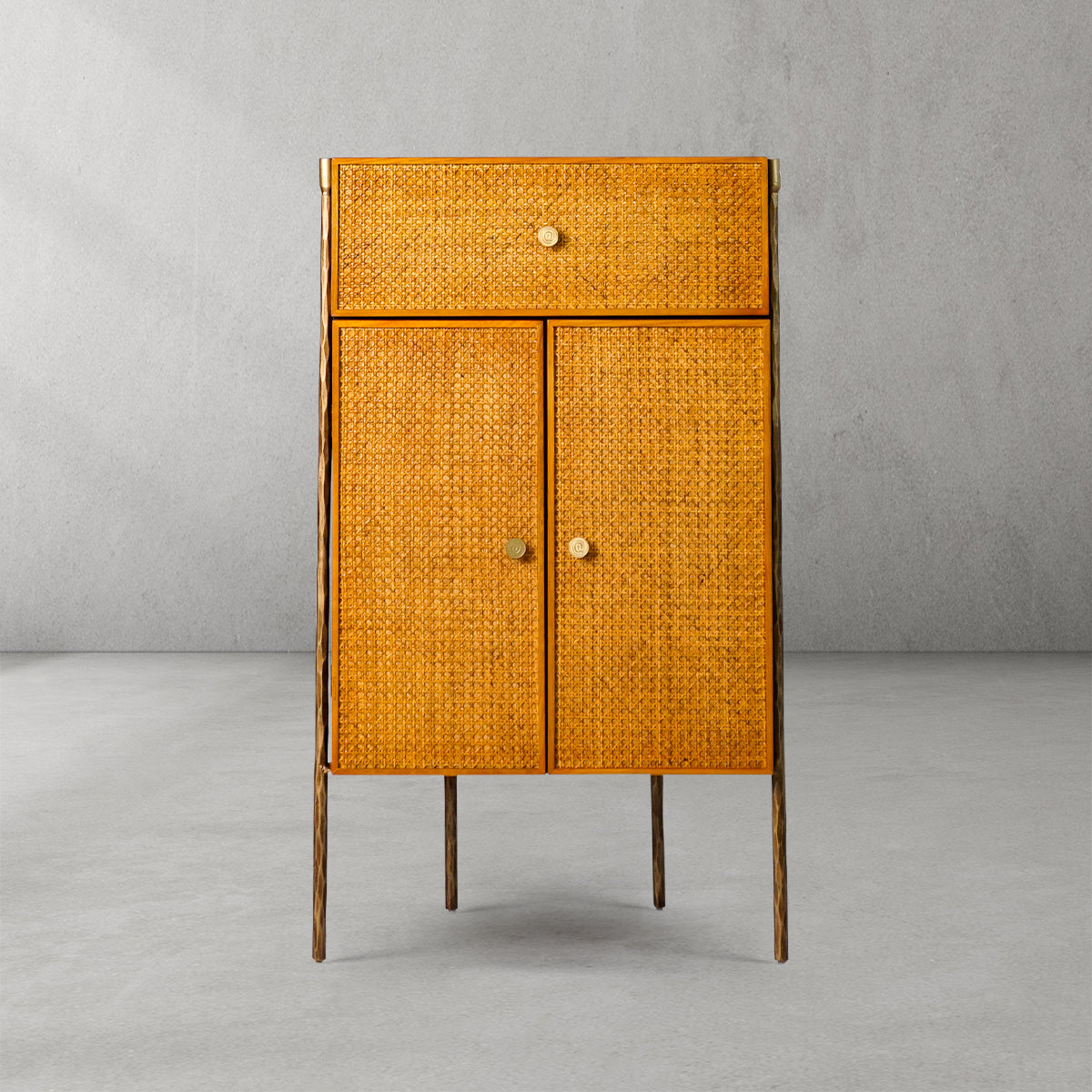 Hand-Forged Metal Frame Rattan Side Cabinet