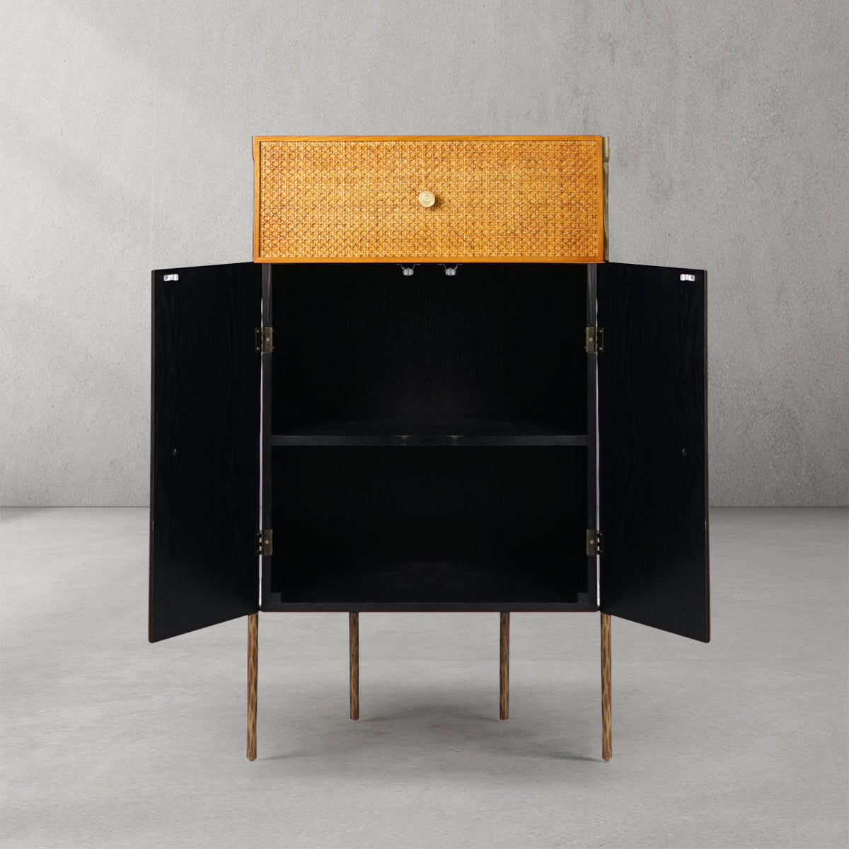 Hand-Forged Metal Frame Rattan Side Cabinet