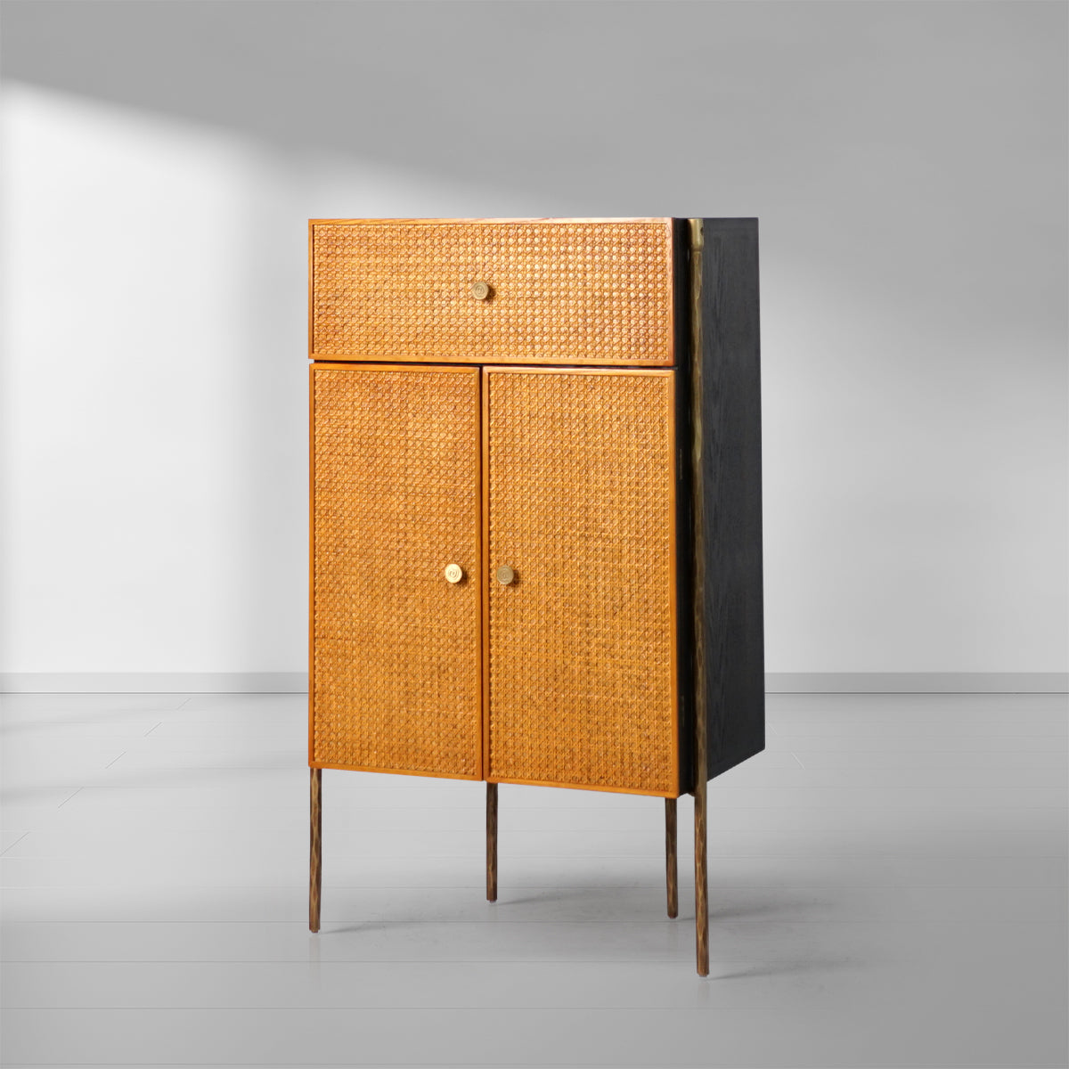 Hand-Forged Metal Frame Rattan Side Cabinet