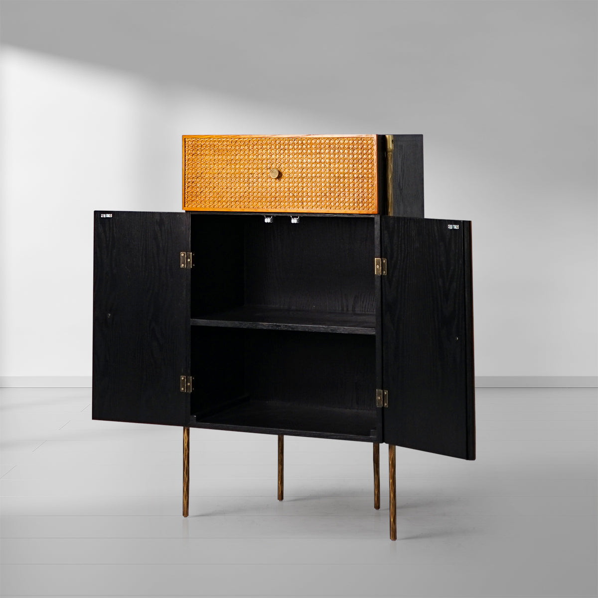 Hand-Forged Metal Frame Rattan Side Cabinet