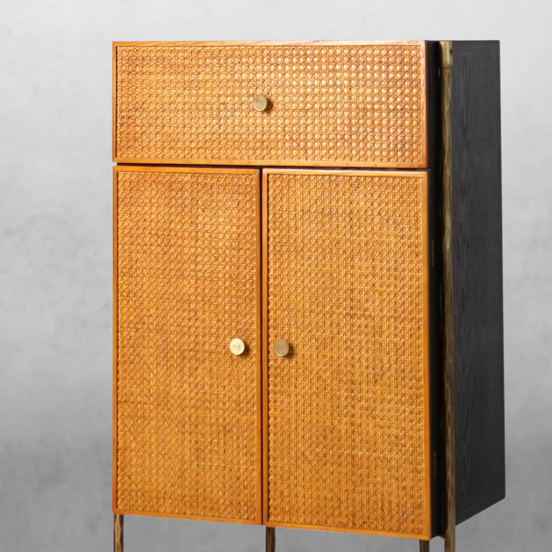 Hand-Forged Metal Metal Frame Rattan Side Cabinet