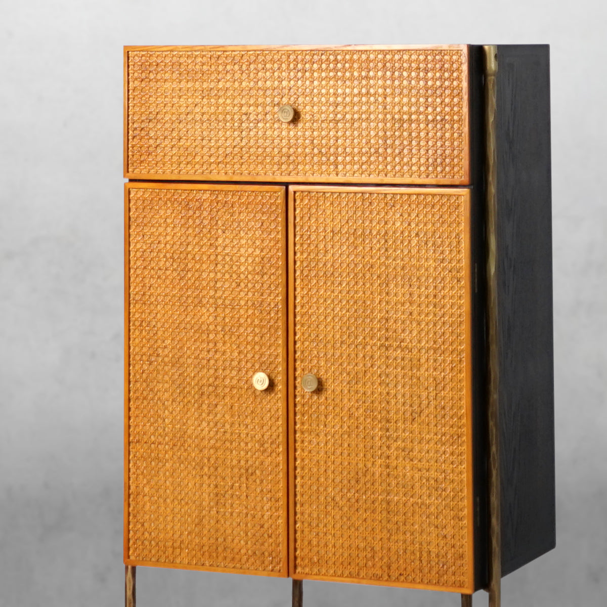 Hand-Forged Metal Frame Rattan Side Cabinet