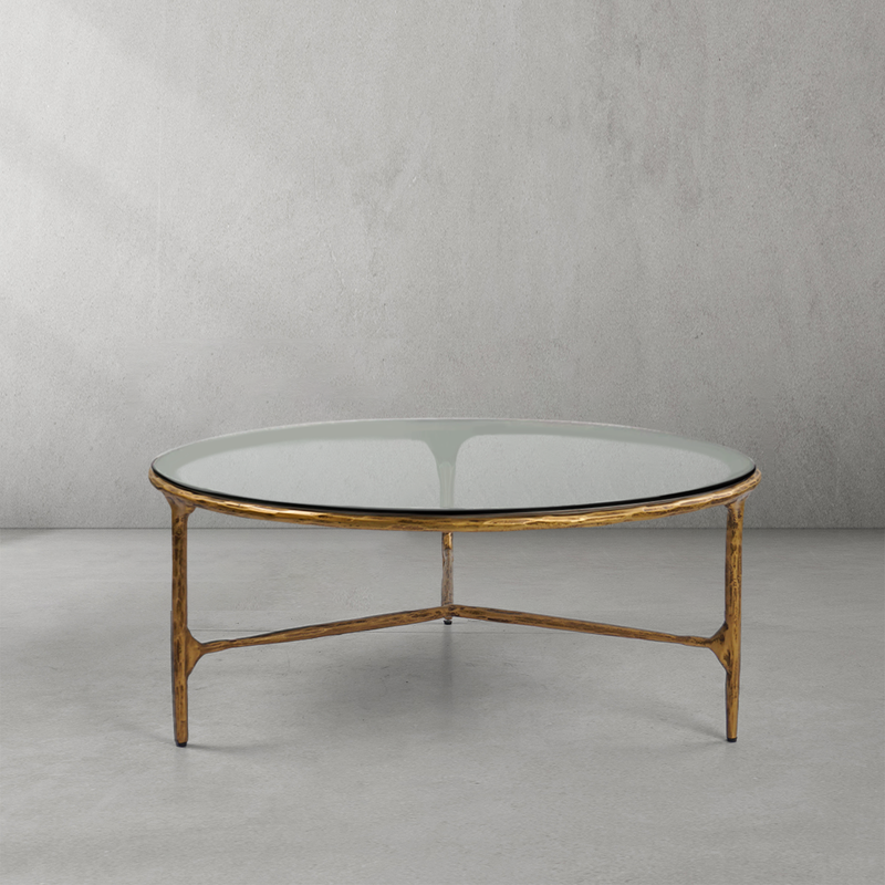 Hand-Forged Metal Glass Round Coffee Table 3 Legs 35"