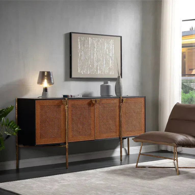 Hand-Forged Metal Metal Frame Rattan Long Side Cabinet