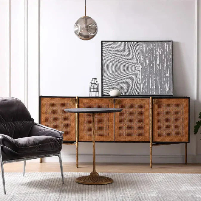 Hand-Forged Metal Frame Rattan Long Side Cabinet