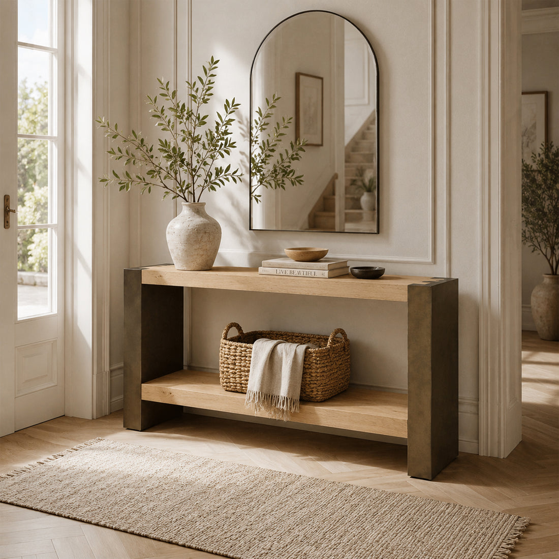 Tellurian Oak Console Table with Oxidized Steel Legs Rustic Living Room Furniture
