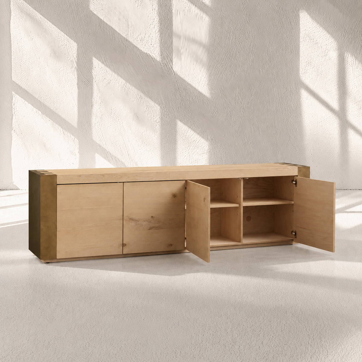 Tellurian Media Console Oak with Oxidized Steel Rustic Living Furniture