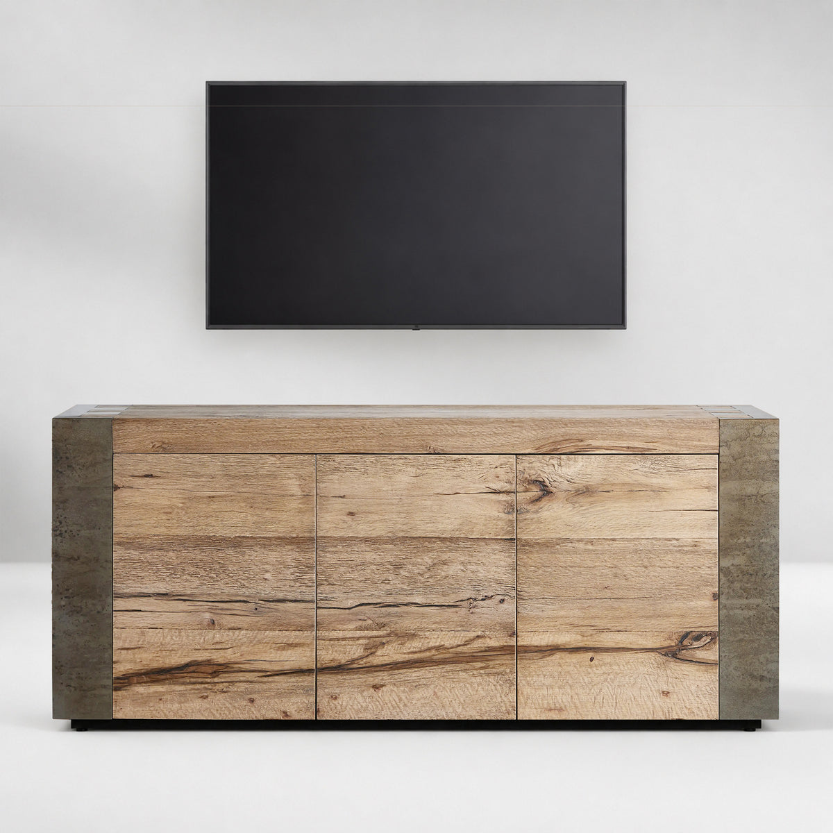 Tellurian Media Console Oak with Oxidized Steel Rustic Living Furniture