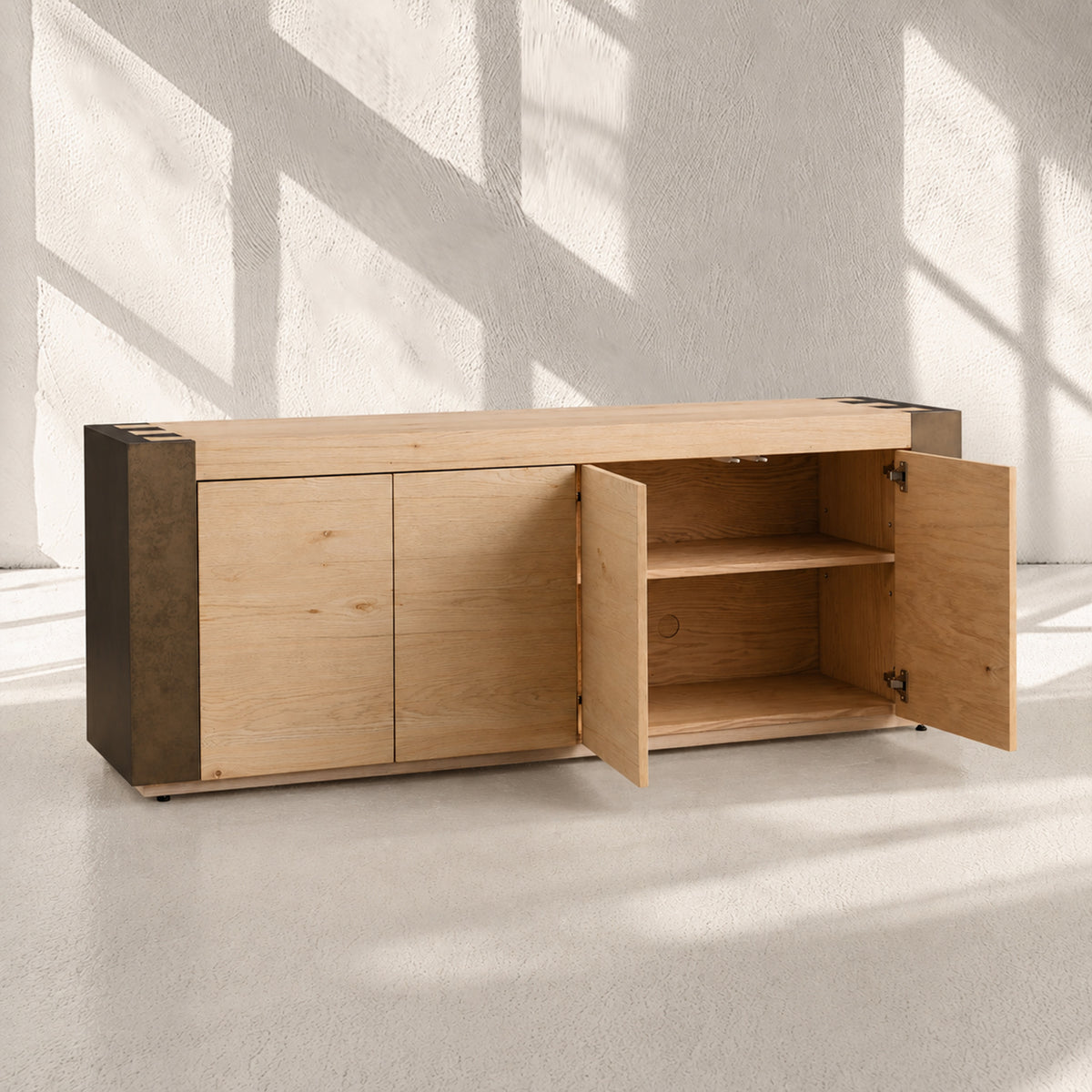 Tellurian Media Console Oak with Oxidized Steel Rustic Living Furniture