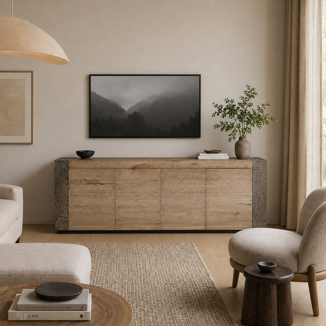 Tellurian Media Console Oak with Oxidized Steel Rustic Living Furniture