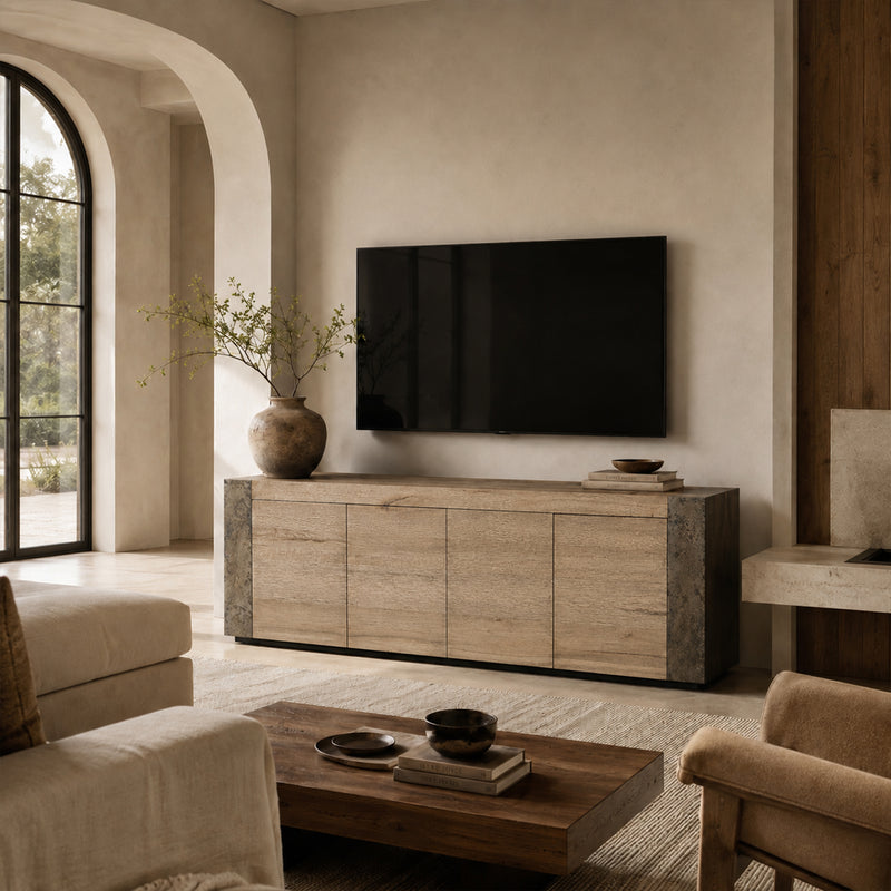 Tellurian Media Console Oak with Oxidized Steel Rustic Living Furniture