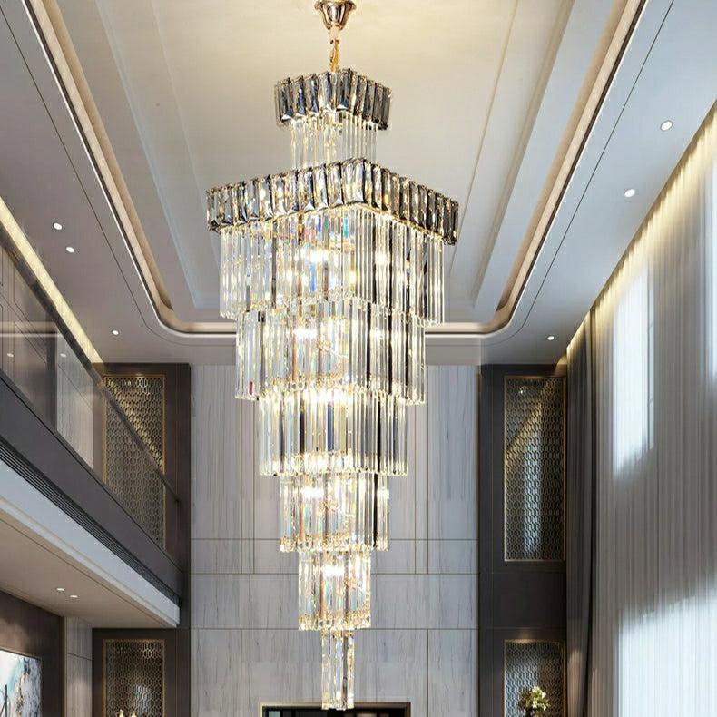 Decorative Large Vertical Crystal Staircase Chandelier Foyer Ceiling Light Fixture Lamp In Gray/ Amber Brim