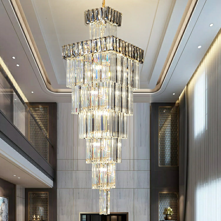 Decorative Large Vertical Crystal Staircase Chandelier Foyer Ceiling Light Fixture Lamp In Gray/ Amber Brim