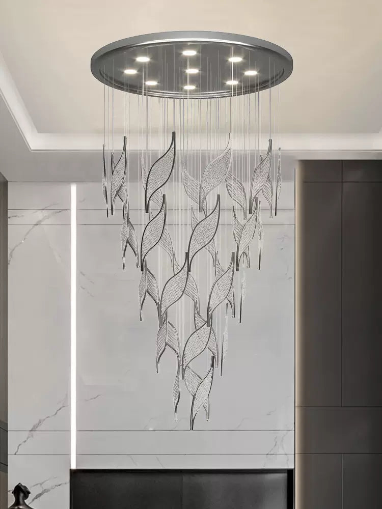 Modern Light Luxury Multi-layered Openwork Leaf Crystal Chandelier for Living Room/ Staircase/Duplex