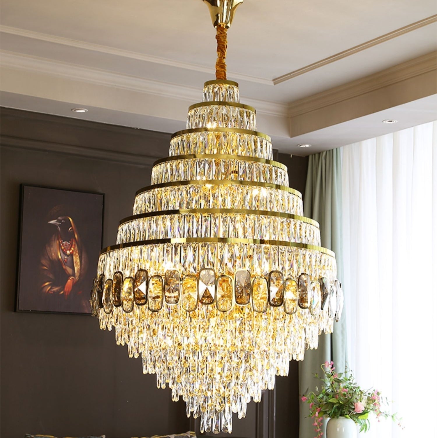 Honeycomb Shaped Ceiling Chandelier Extra Large Crystal Light Fixture For Foyer Staircase