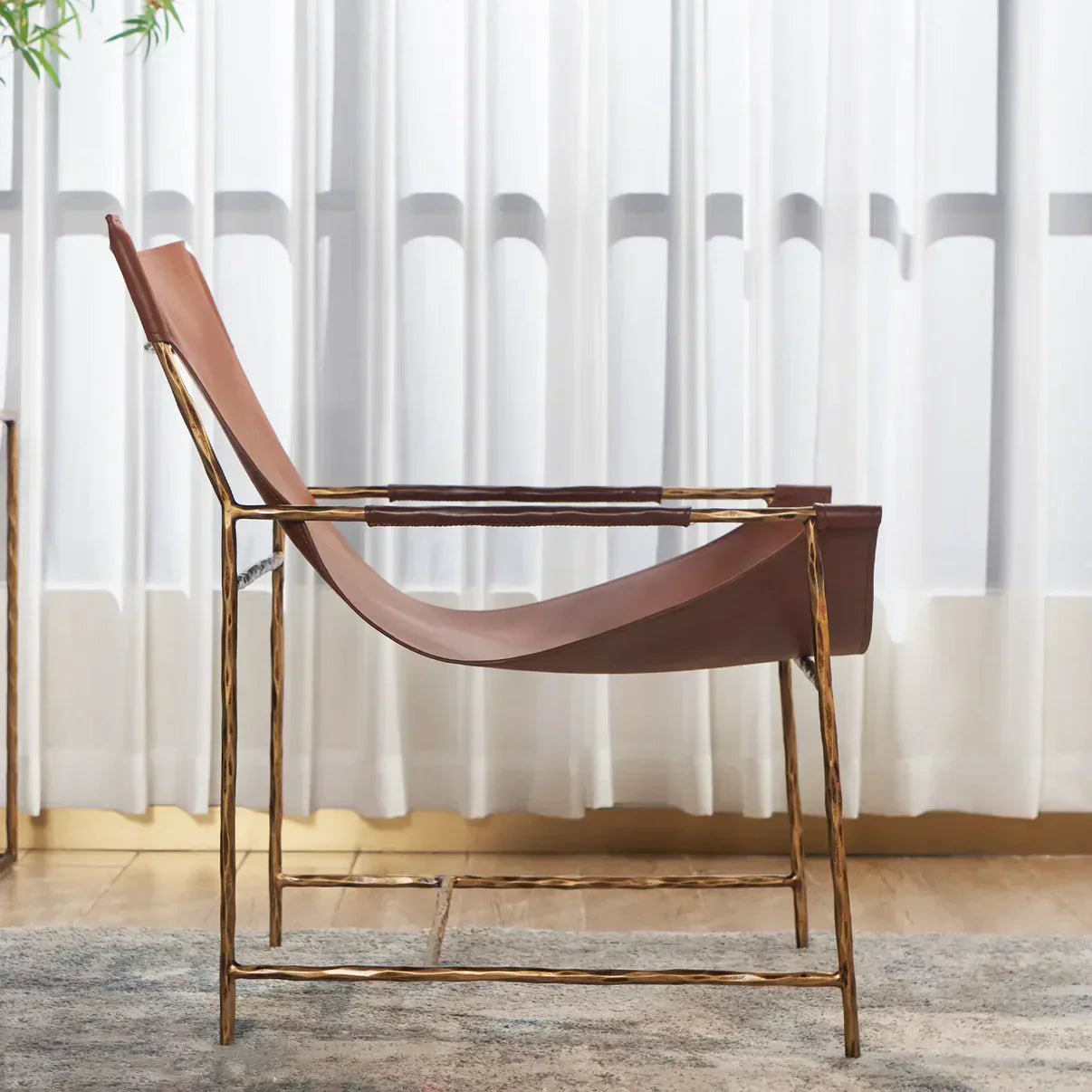 Hand-Forged Metal Brown Leather Lounge Chair