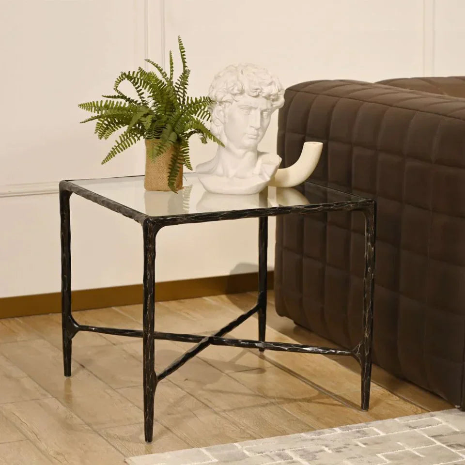 Hand-Forged Metal Glass Square Side Table 18" 22"