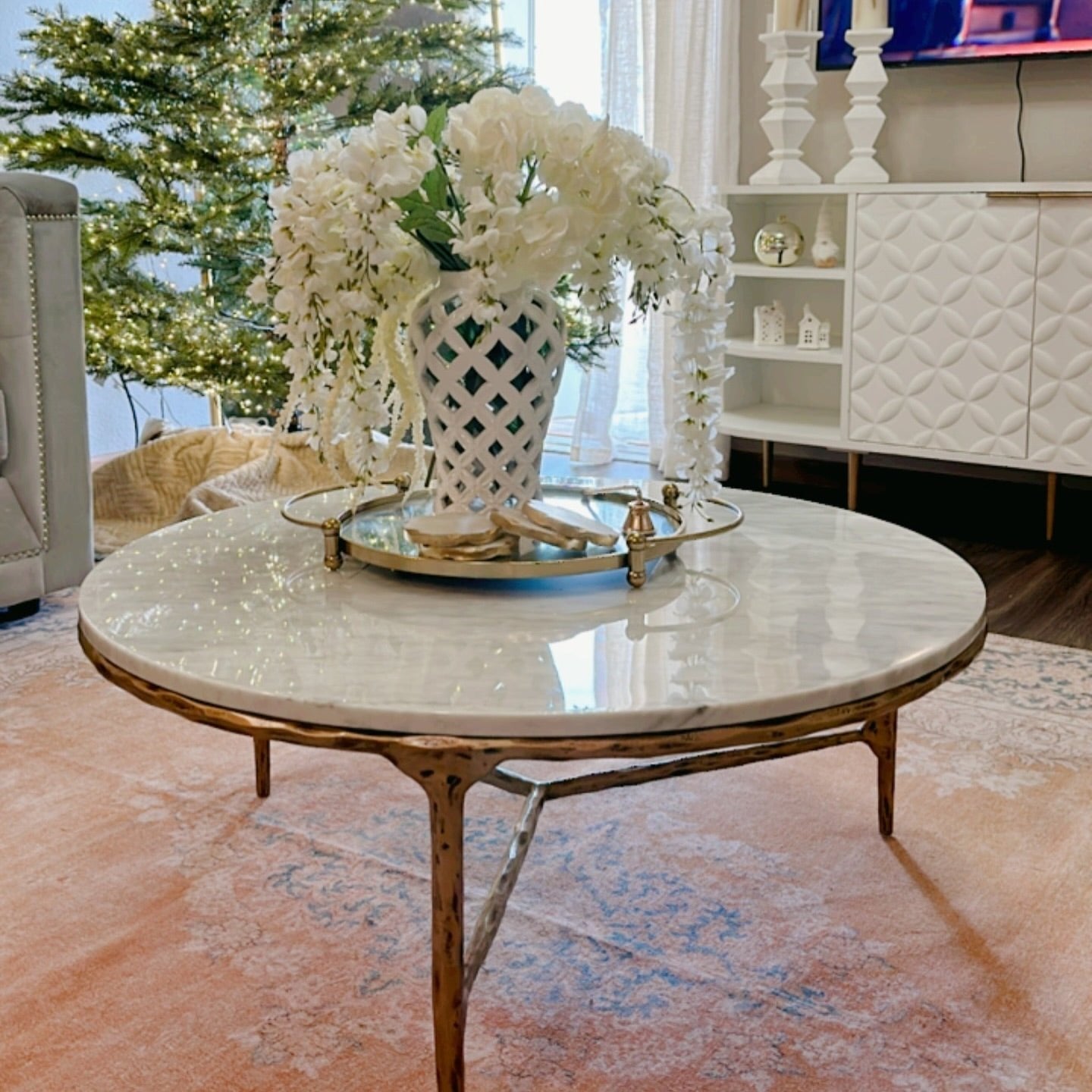 Hand-Forged Metal Marble Round Coffee Table 3 Legs 35"