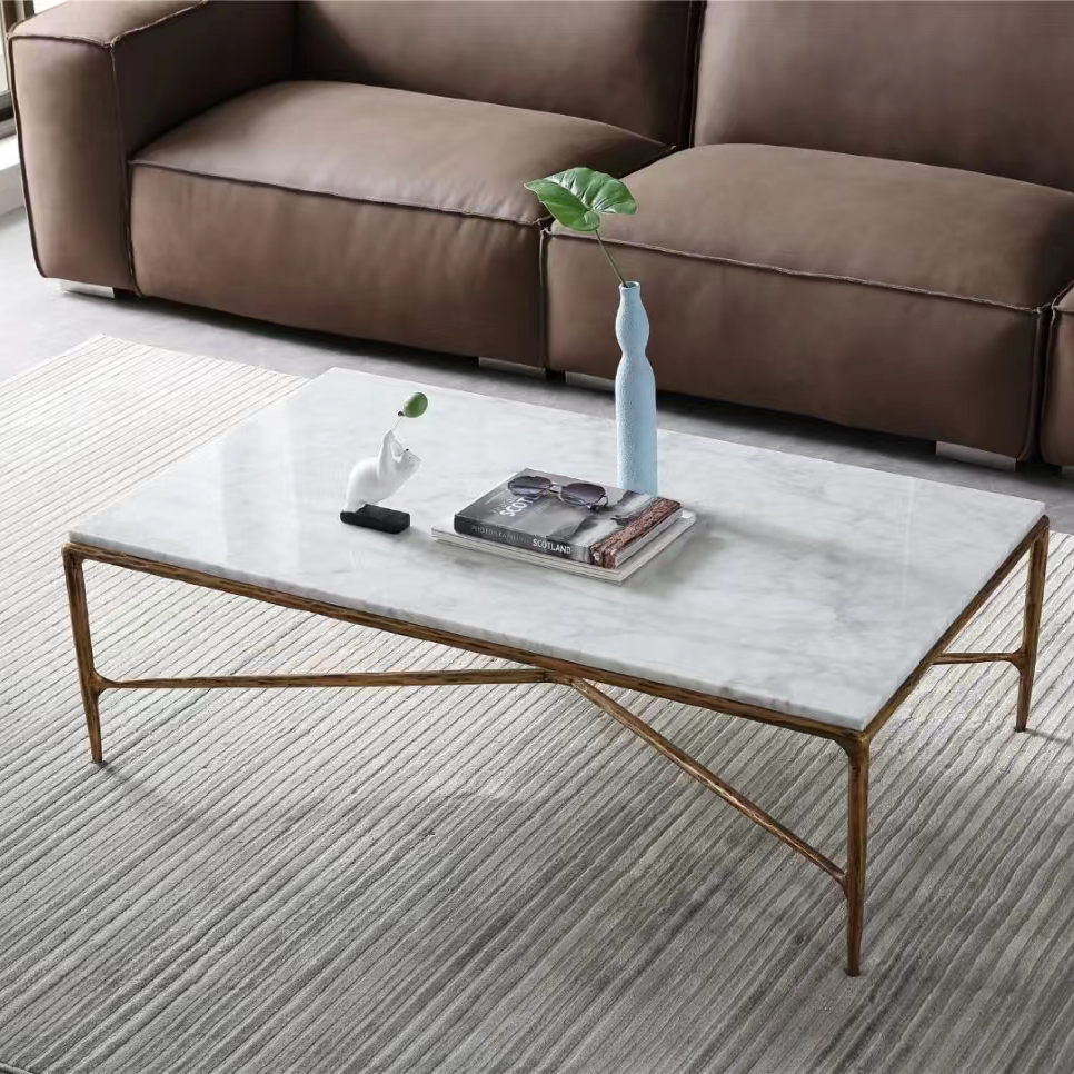 Hand-Forged Metal Rectangle Marble Coffee Table