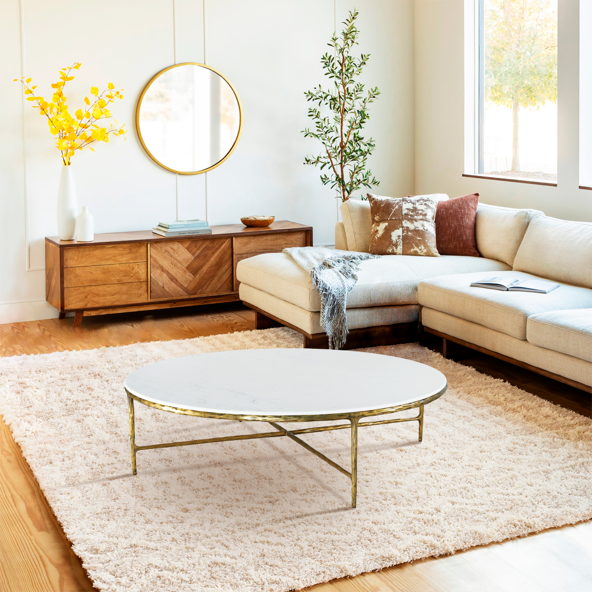 Hand-Forged Metal Marble Round Coffee Table 36" 55"