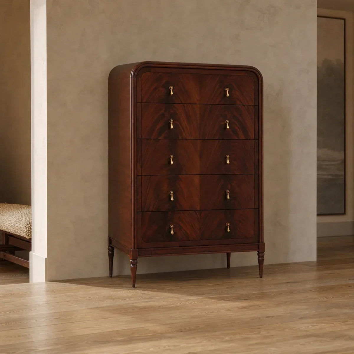 Frances 5-Drawer Dresser in Mahogany Wood and Brass