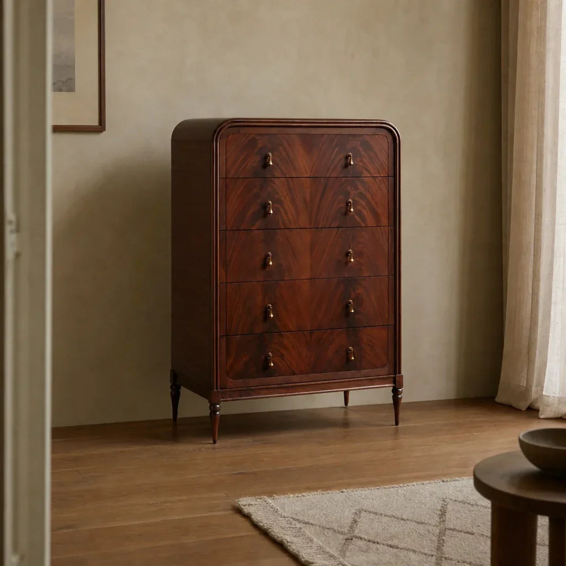 Frances 5-Drawer Dresser in Mahogany Wood and Brass
