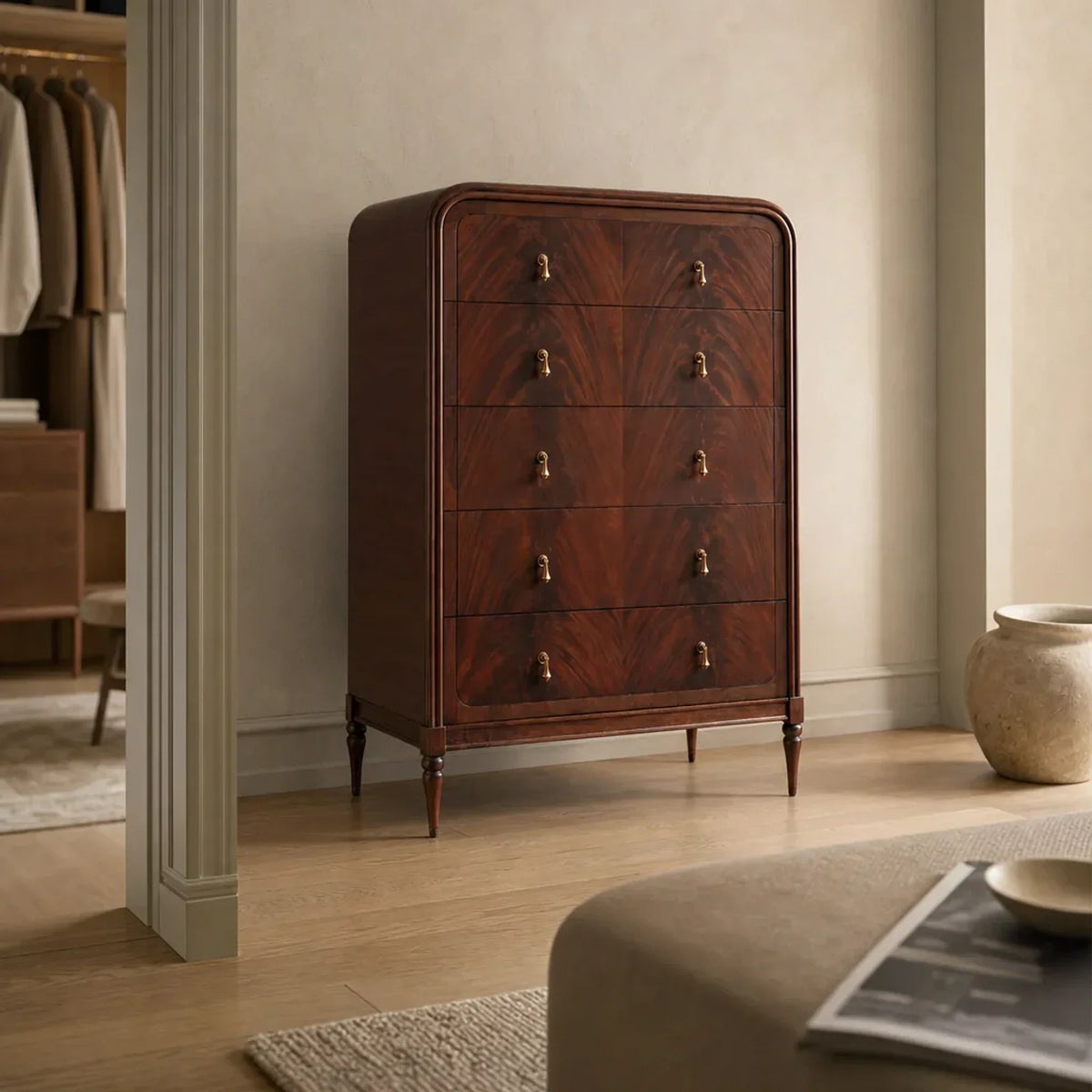 Frances 5-Drawer Dresser in Mahogany Wood and Brass