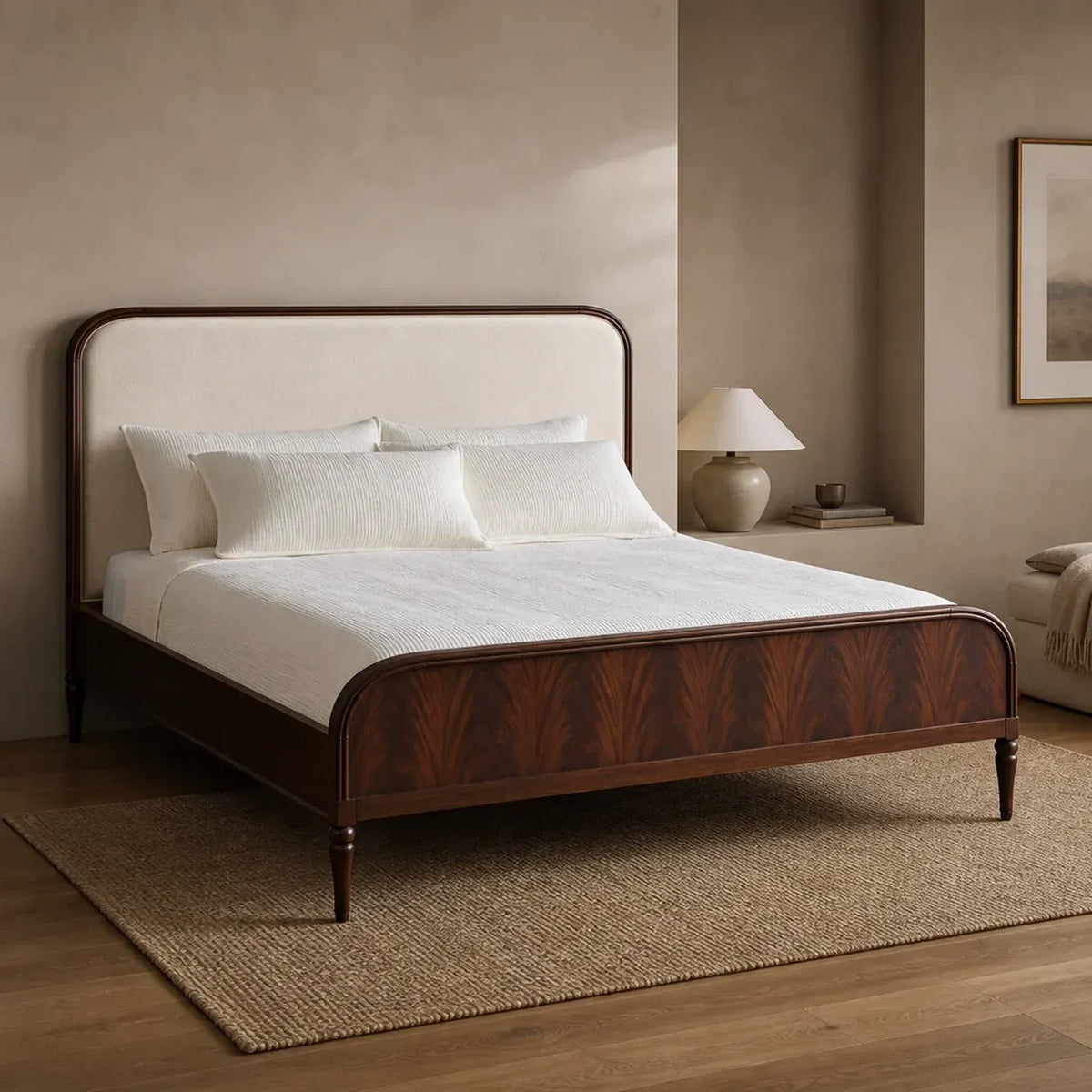 Frances Upholstered Bed with Mahogany Wood Frame and Cashmere Headboard
