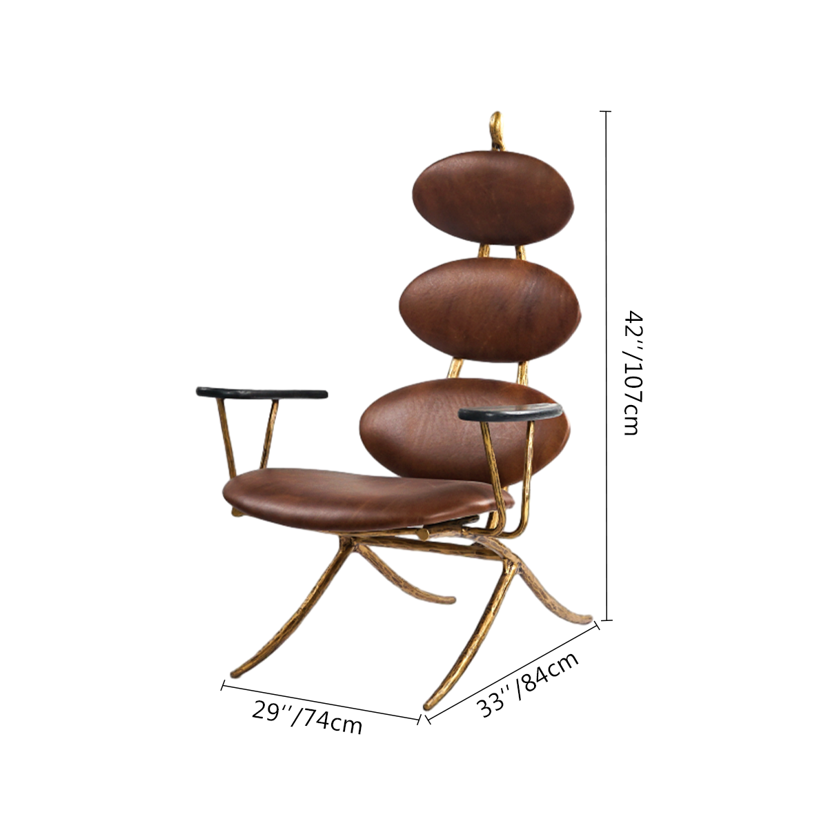 Hand-Forged Metal High Back Brown Leather Lounge Accent Chair