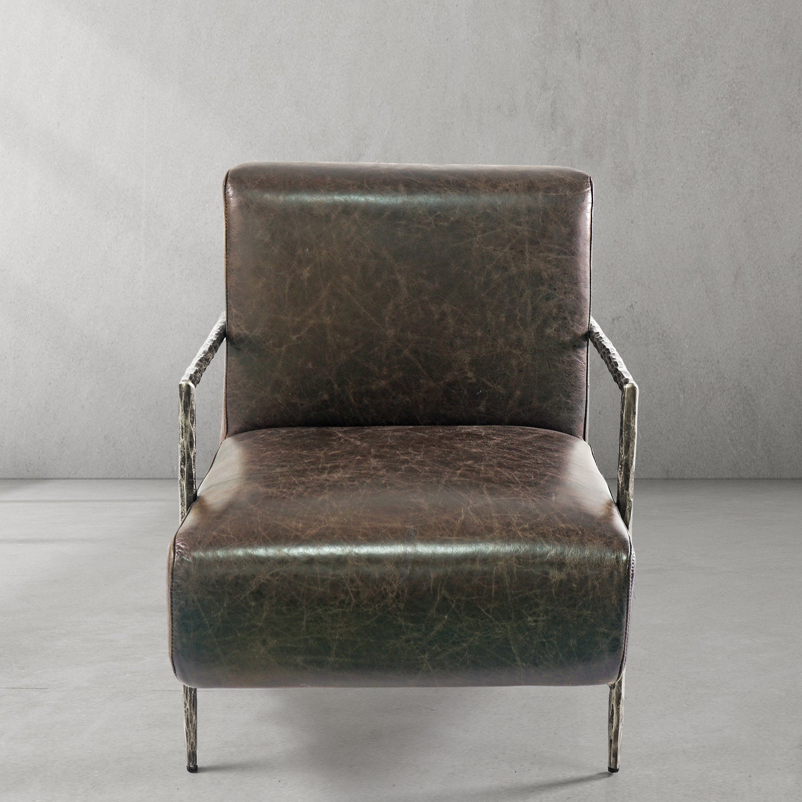Hand-Forged Metal Genuine Brown Leather Accent Chair